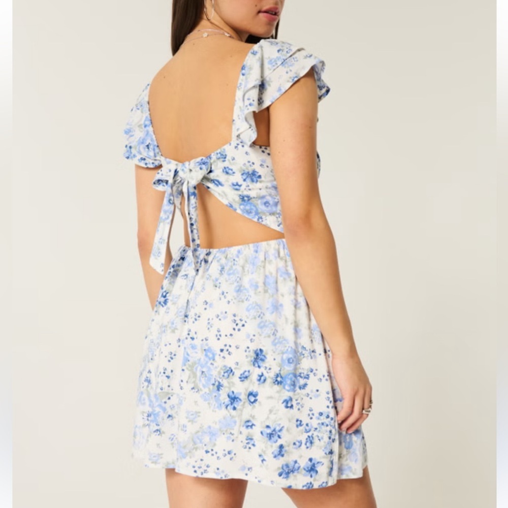 Hollister Blue Floral Ruffle Mini Dress S Cottagecore Coastal Tie Back - Picture 3 of 8